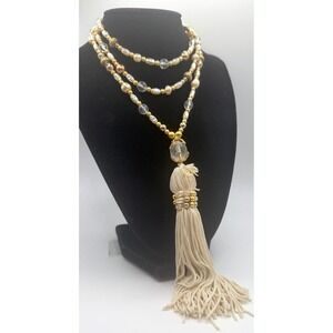 Long Faux Pearl Tassel Necklace 38" Gold Tone Layered Boho Statement